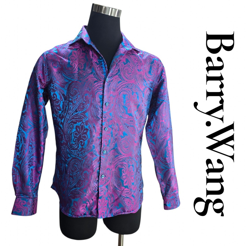 Barry Wang Paisley Shirt Mens Medium Blue Pink Silk Blend Jacquard Luxury Trendy